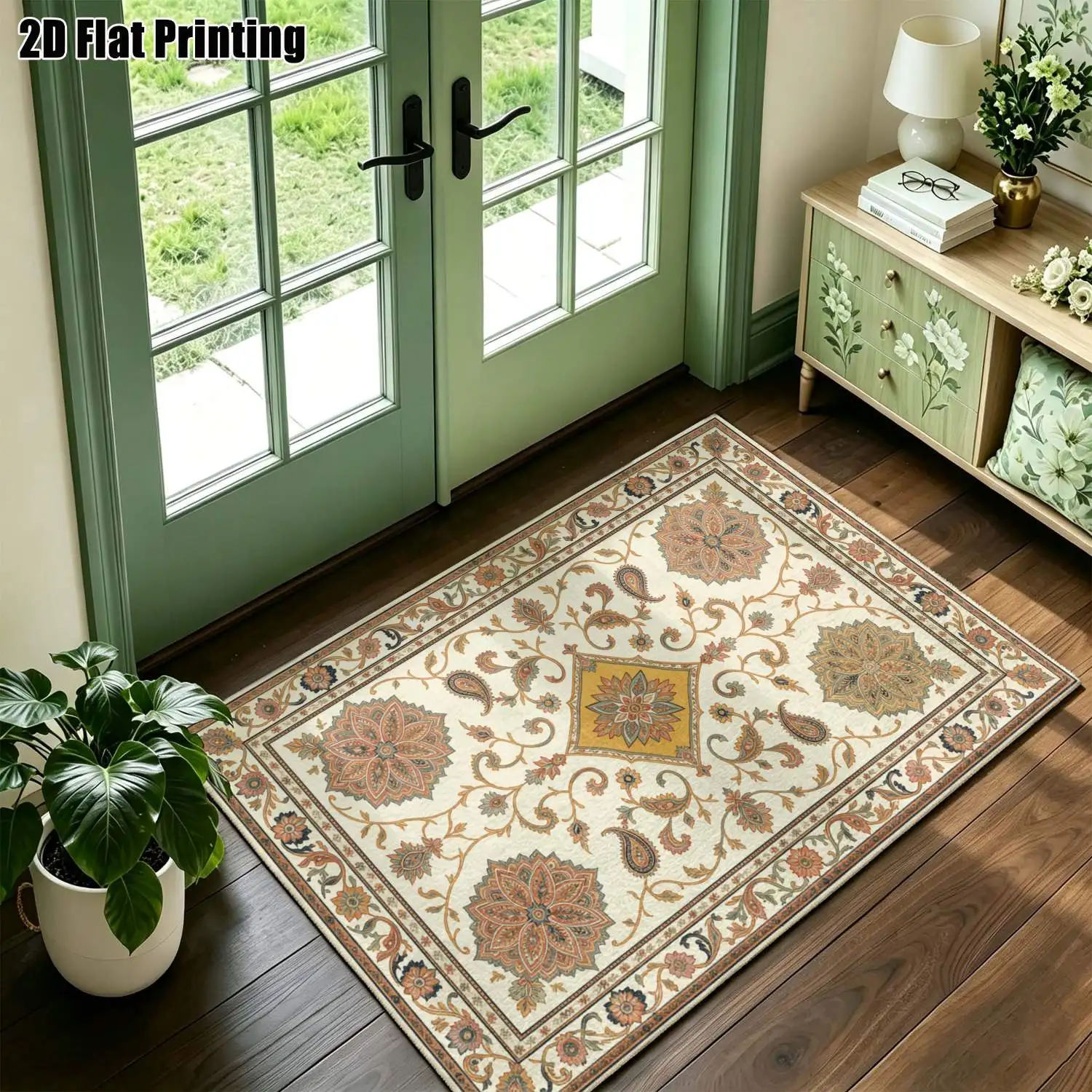 1Pc 2D Printed Beige Retro Floral Pattern Carpet European/Bohemian Style, Machine Washable, Multi-Size Home Decor Rug for Living Room, Bedroom, Dining Room, Entrance, Study.