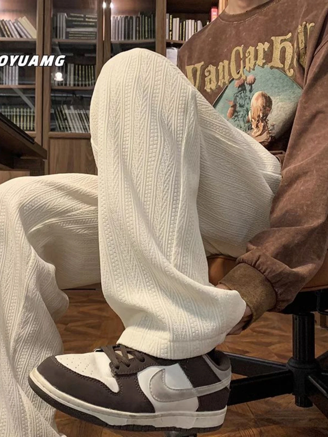 Pantaloni vintage a gamba larga in tinta unita da donna, nuovo stile autunno e inverno, foderati in pile, ispessiti, a vita alta, drappeggiati, casual, larghi, caldi, versatili, rilassati