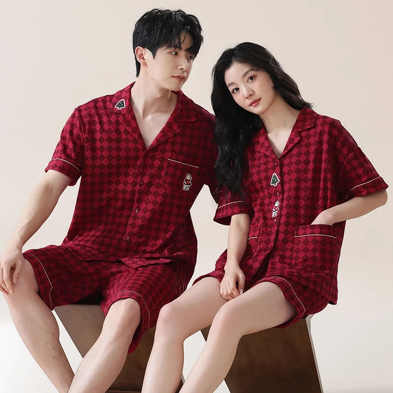 Couple Short Sleeve 100% Cotton Pajama Sets for Men Summer Korean Loose Sleepwear Pyjama Women Night Dress Homewear Home Clothes