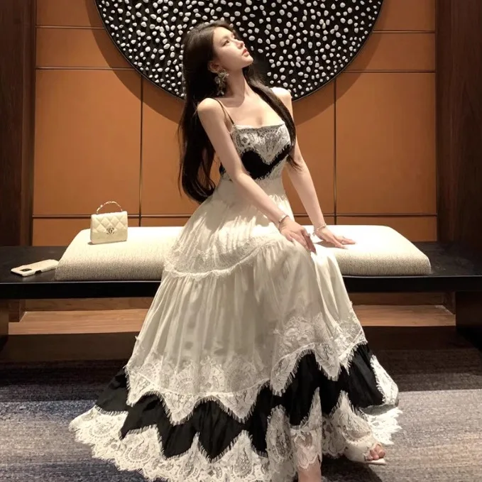 Heavy Embellished Lace Splice Maxi Skirt Women Black White Color Block Waist Cinching Slimming Strap Dress Long Holiday Fairy...