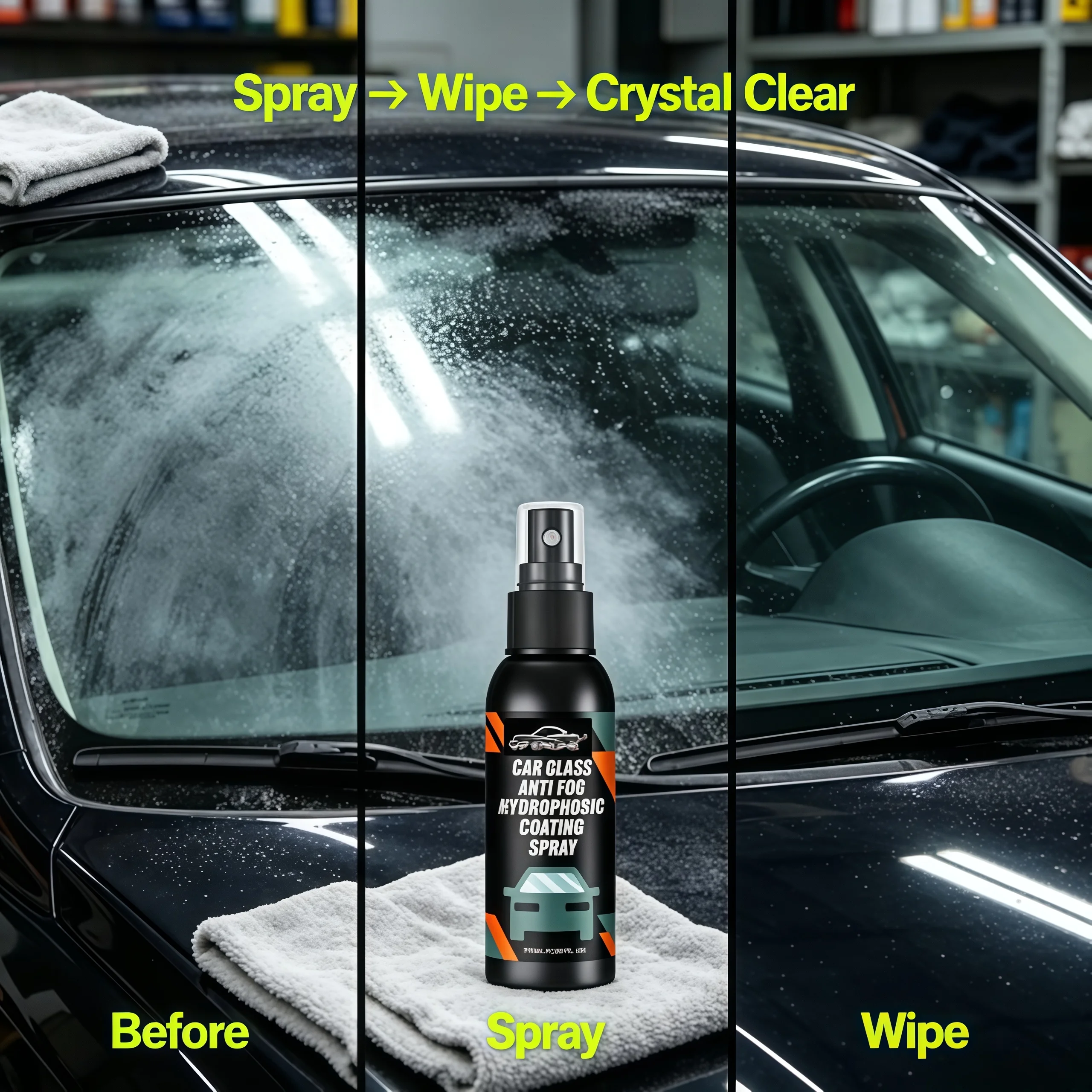 Car Windshield Anti-Fog Spray, Hydrophobic Glass Coating, Rain Repellent for Auto Windows, Prevents Fogging & Improves Driving V