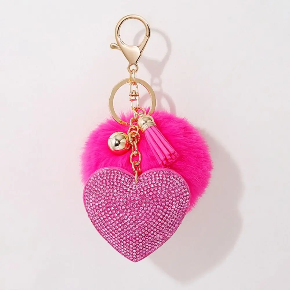 Fashion Faux Fur Ball Keychain Solid Color Alloy Bag Pendant Rhinestone Heart Girl