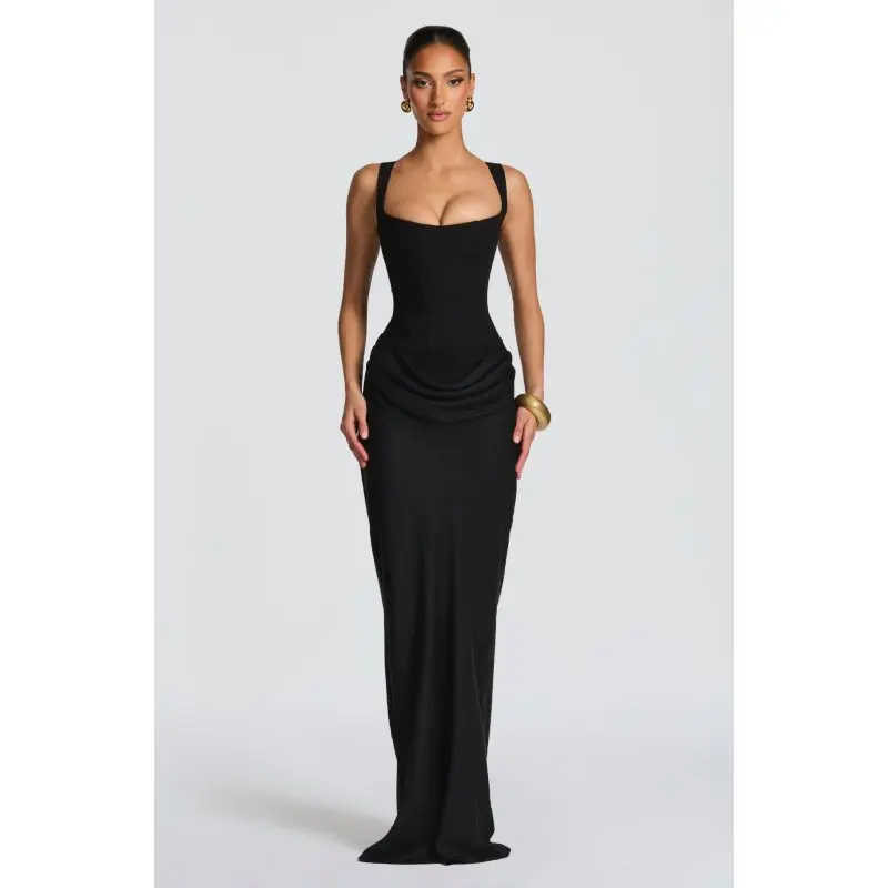 European and American casual long sleeved slim fit fishbone pure desire suspender slim fit solid color hip hugging dress view 3