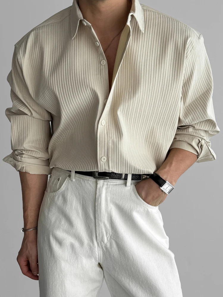 

Primas Men's Casual Long Sleeve Shirt Fitness Muscle Light Mature Style Versatile Top Texture Stripe Loose Fit Youthful Trend