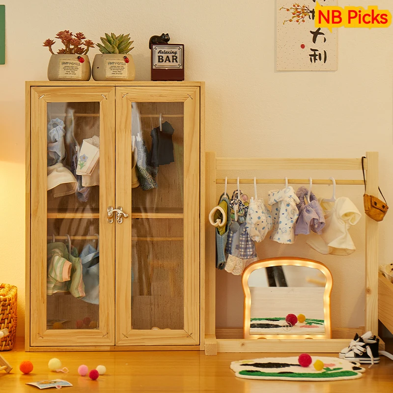 Hölzerner Babypuppen-Schrank für 12-16-Zoll-Puppen, BJD-Puppen-Kleiderschrank zur Aufbewahrung von Puppenkleidung, Kleidung und Zubehör-Schrank