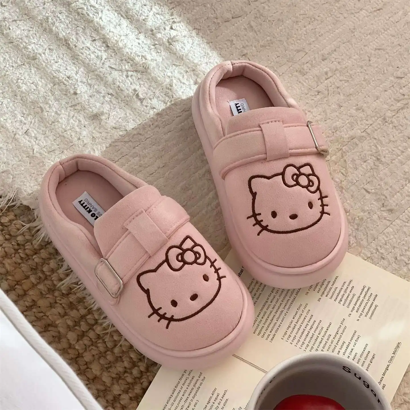 Kawaii مرحبا كيتي مريحة الصوف مبطن عدم الانزلاق فتاة Brikenstocks النعال الشتاء صوف مبطن الدافئة غامض نعال من القطن #6