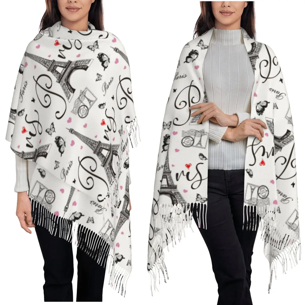 خمر برج ايفل رومانسية فرنسا باريس 4 وشاح شرابة الأوشحة النساء شالات دافئة لينة ويلتف كبير الخريف الشتاء شال التفاف
