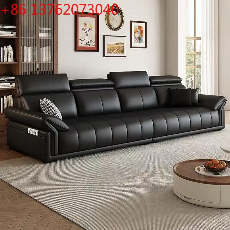 Leather sofa Modern simple living room sofa Light luxury Italian high backrest leather art sofa
