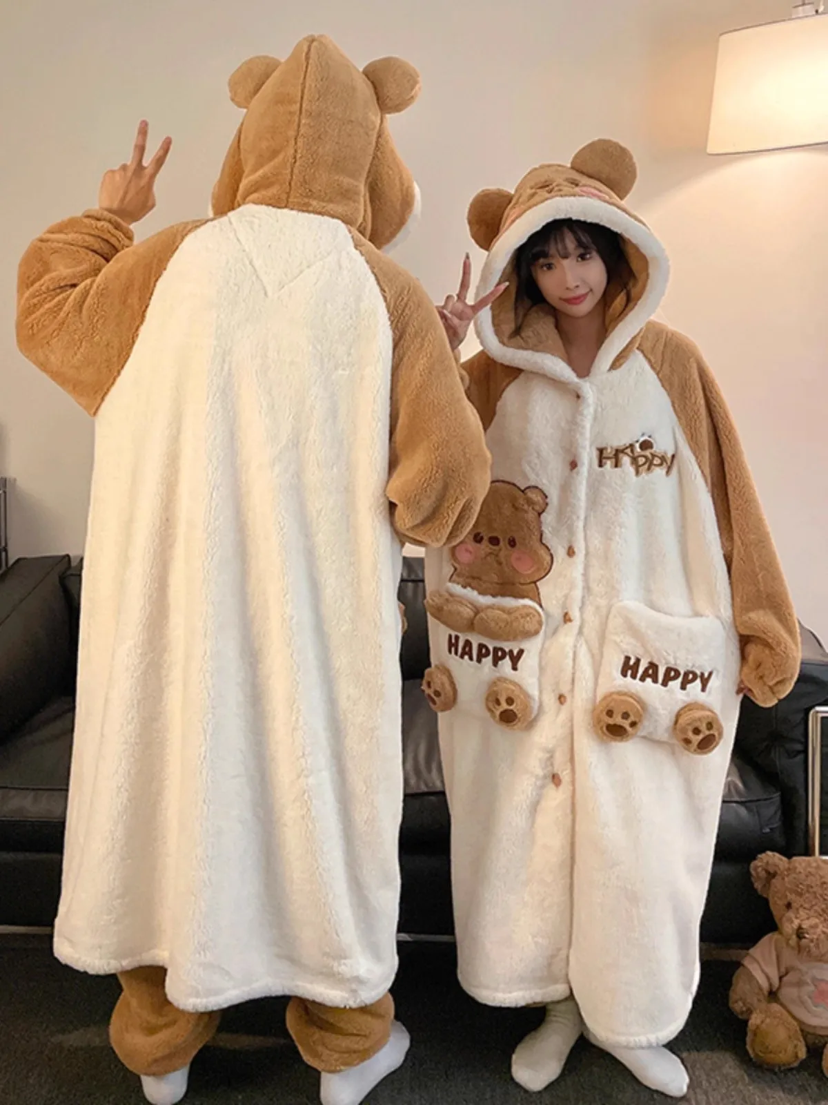 새로운 원피스 또는 투피스 만화 캐릭터 커플 파자마 코랄 벨벳 겨울 패딩 후드 로브 세트 따뜻한 홈웨어 남녀 공용