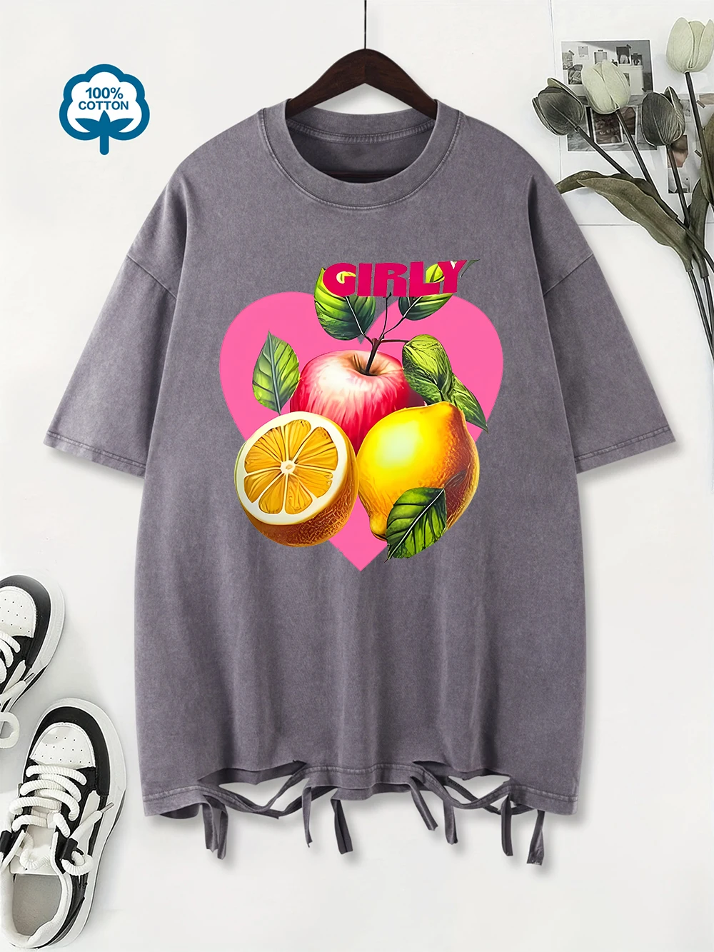 

Summer Washed T-Shirts Womens Cotton Fruit, Apple, Lemon Printing Tops Casual O-Neck Oversized Streetwear Vintage Woman Clothes