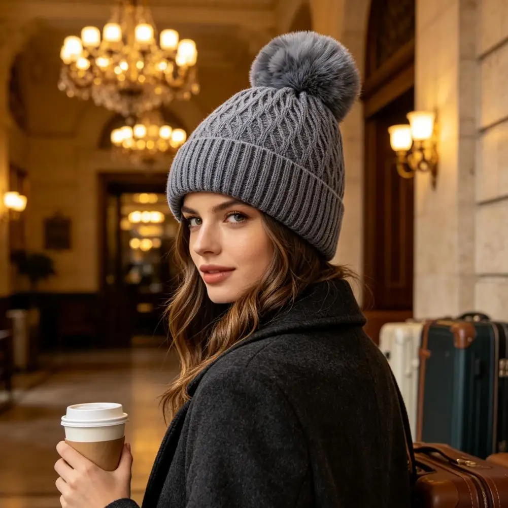 Gorro de invierno de punto trenzado resistente, con forro polar y pompón, gorro de punto trenzado para mujer, cómodo, elástico, ideal para actividades al aire libre y para mantenerse abrigado.