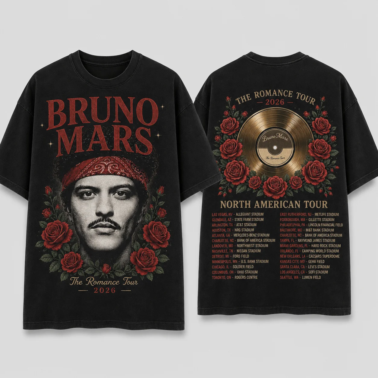 Bruno Mars The Romantic Tour T-Shirt Konzert-Merchandise Doppelseitiges Grafik-T-Shirt Kurzarm Casual Fan-Top – Detail 4