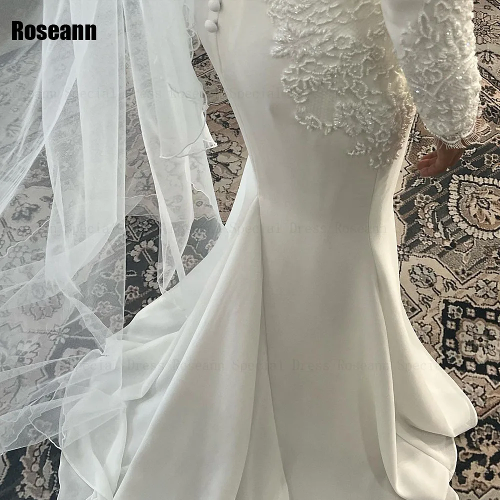 Robe de Mariée Sirène Musulmane Personnalisée avec Fleurs, Col Haut, Design Complet, Exquis, 2025