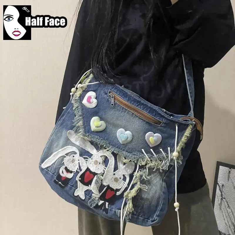 

Y2K Girls Harajuku Gothic Handbags High Street Love Sanding Denim Punk One Shoulder Casual Design Women's Crossbody Bags Tote