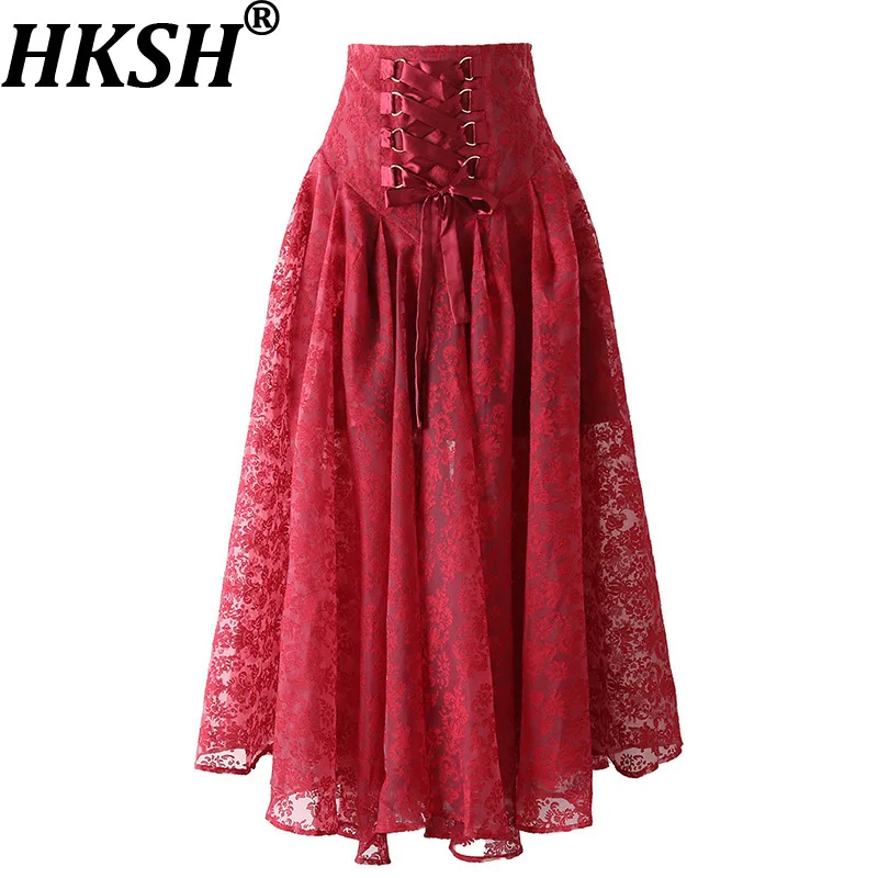 HKSH Women Skirt French Style Chic Elegant Lace Mesh Jacquard Design Lace-Up Large Hem High Waist Long Skirts Autumn New HK26865
