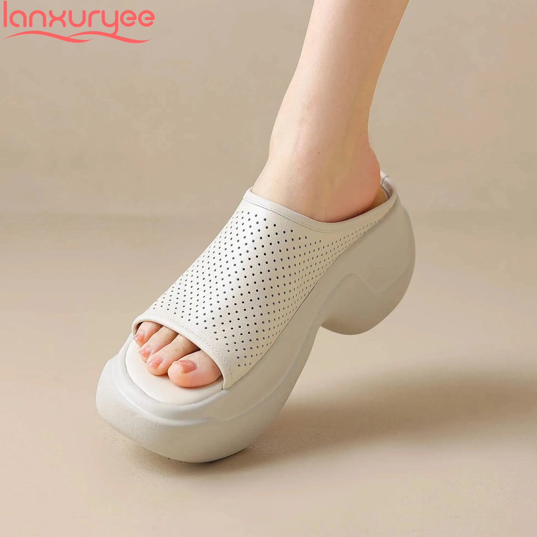 

Lanxuryee Fashion Cow Leather Peep Toe High Heel Slingback Breathable Mules Elegant Casual Slides Brand Platform Women Sandals