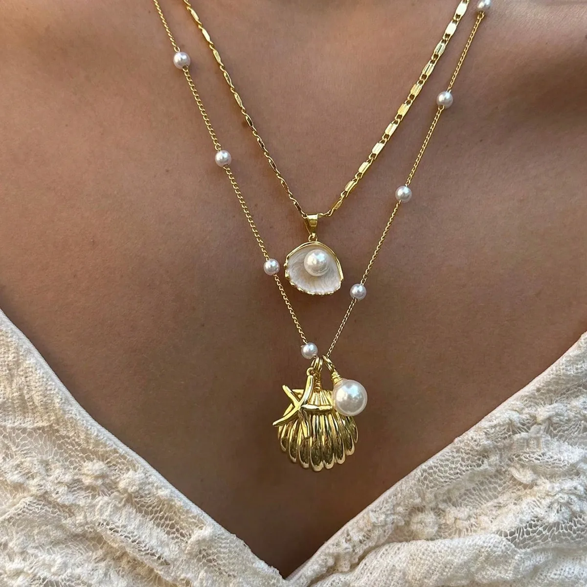 Double Layer Faux Pearl Conch Necklace for Women Vintage French Style Light Luxury Choker Beach Daily Premium Quality