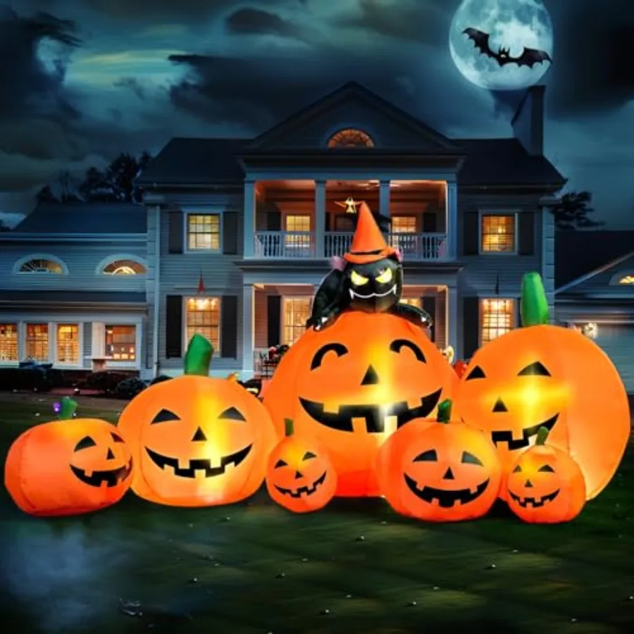 

Outdoor Halloween decoration: 7 ft inflatable pumpkin with witch's cat, built-in LEDs, weather-resistant PVC, orange and black,