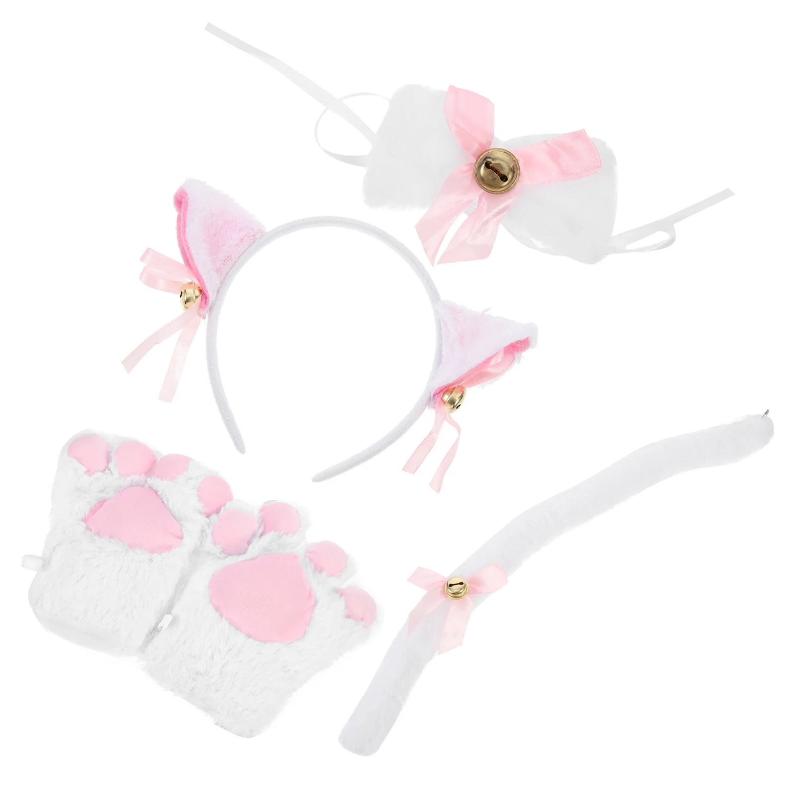 1Set Cat Paw Gloves Set Cute Kitten Costume Accessories for Halloween Party Includes Headband Bow Tie Gloves Tail Comfortable