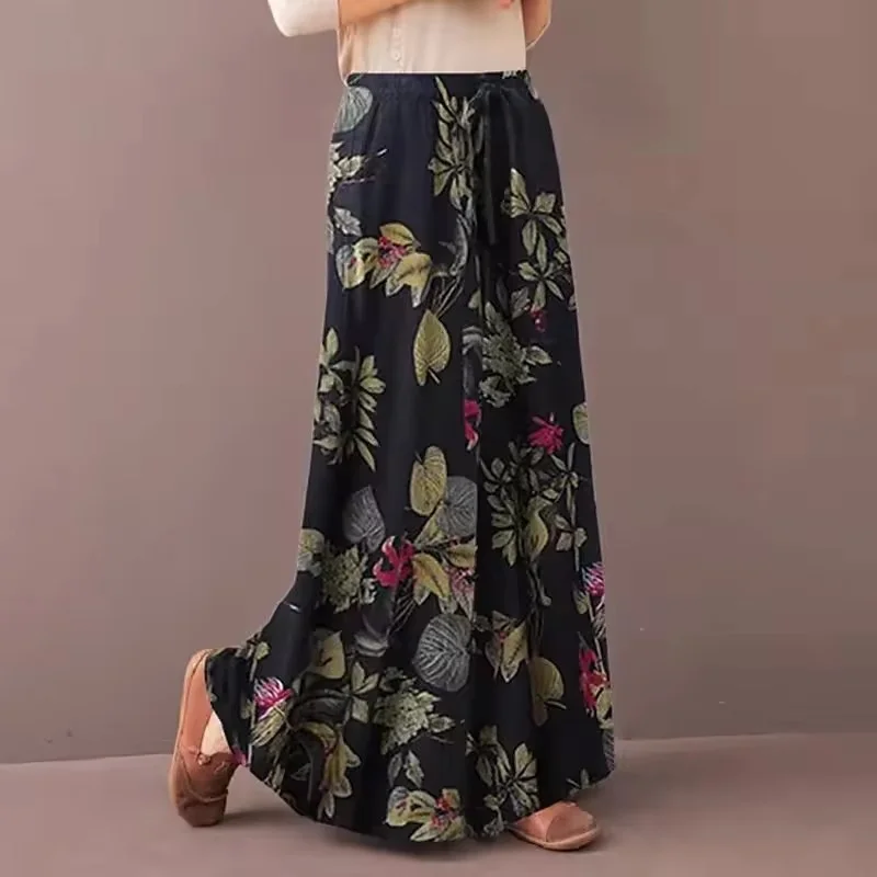 2025 frühling Sommer Floral Print Breite Bein Hosen Frauen Kordelzug Böhmen Hosen Asual Lose Beiläufige Elastische Taille Pantalon Damen