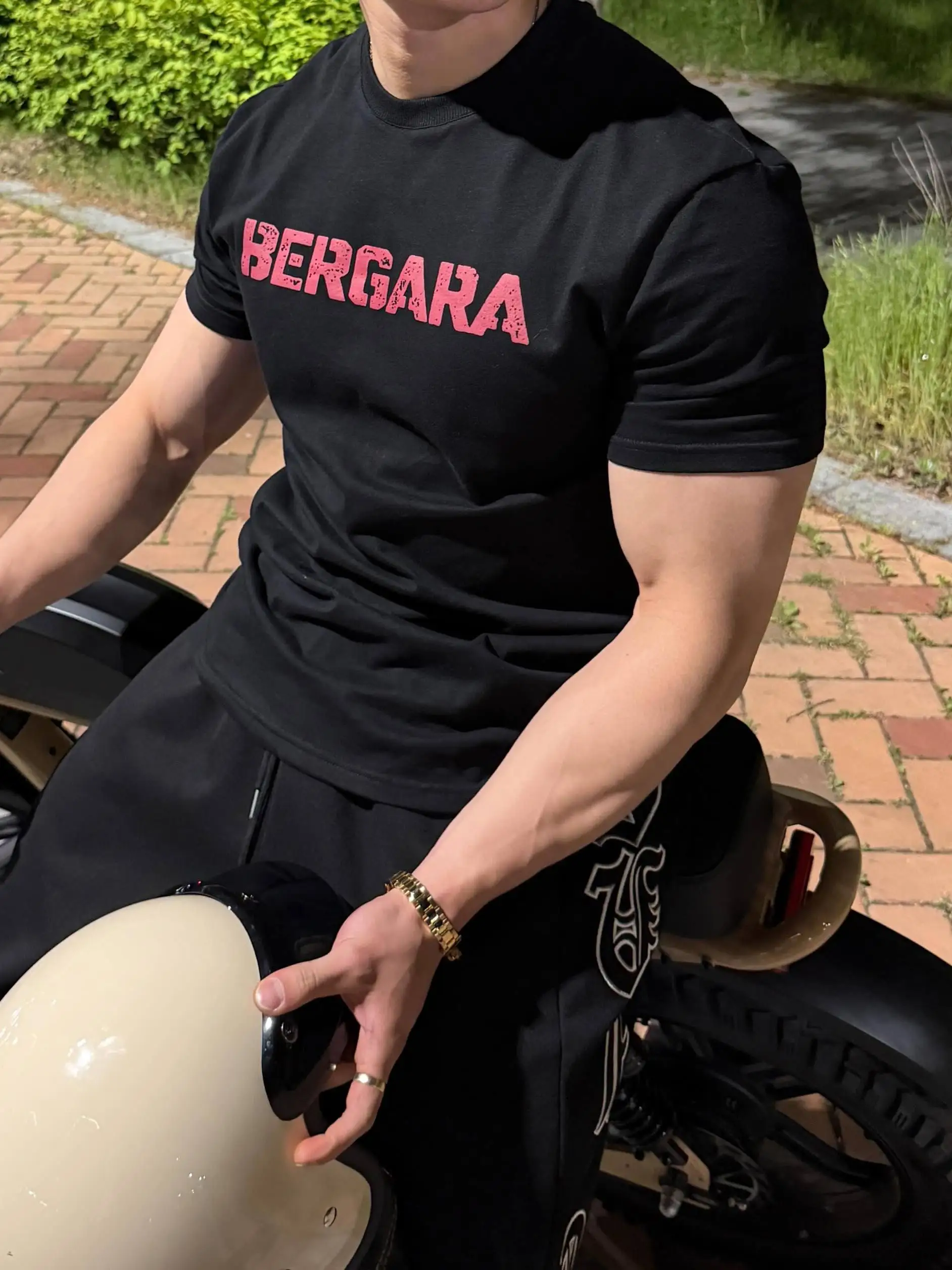 Korean Style Muscle Fitness T-Shirt Short Sleeve Elastic Neckline Sporty Casual Slim Fit Leisure Top round Neck Print Pattern
