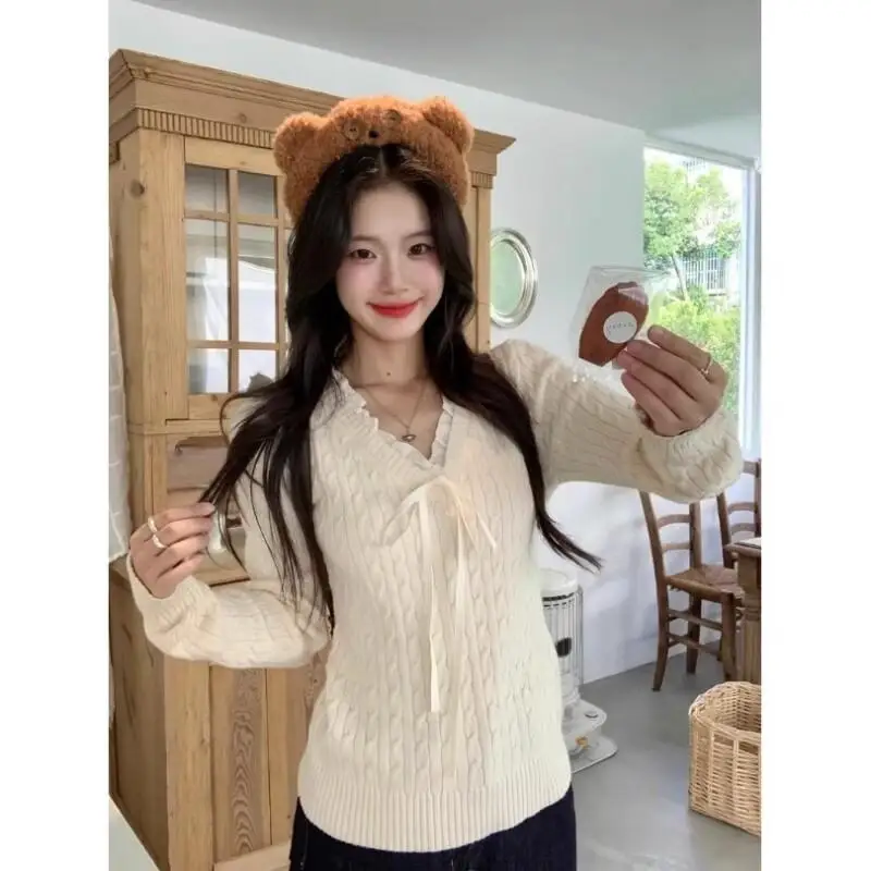 

sweater knit Knitwear Woman clothes winter 2025 Women's sweater Pullover Winter clothes woman cozy tops Bow v-neck sweater