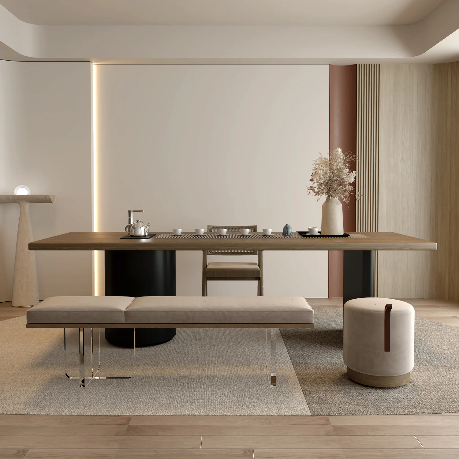 Solid wood tea table and chair combination kettle embedded new office log large board table
