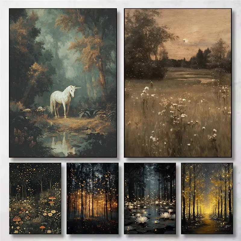 Magical Enchanted Fireflies Mushroom Forest Sunset Field Meadow Landscape Aesthetic Canvas Poster Wall Art Pictures Home Deco