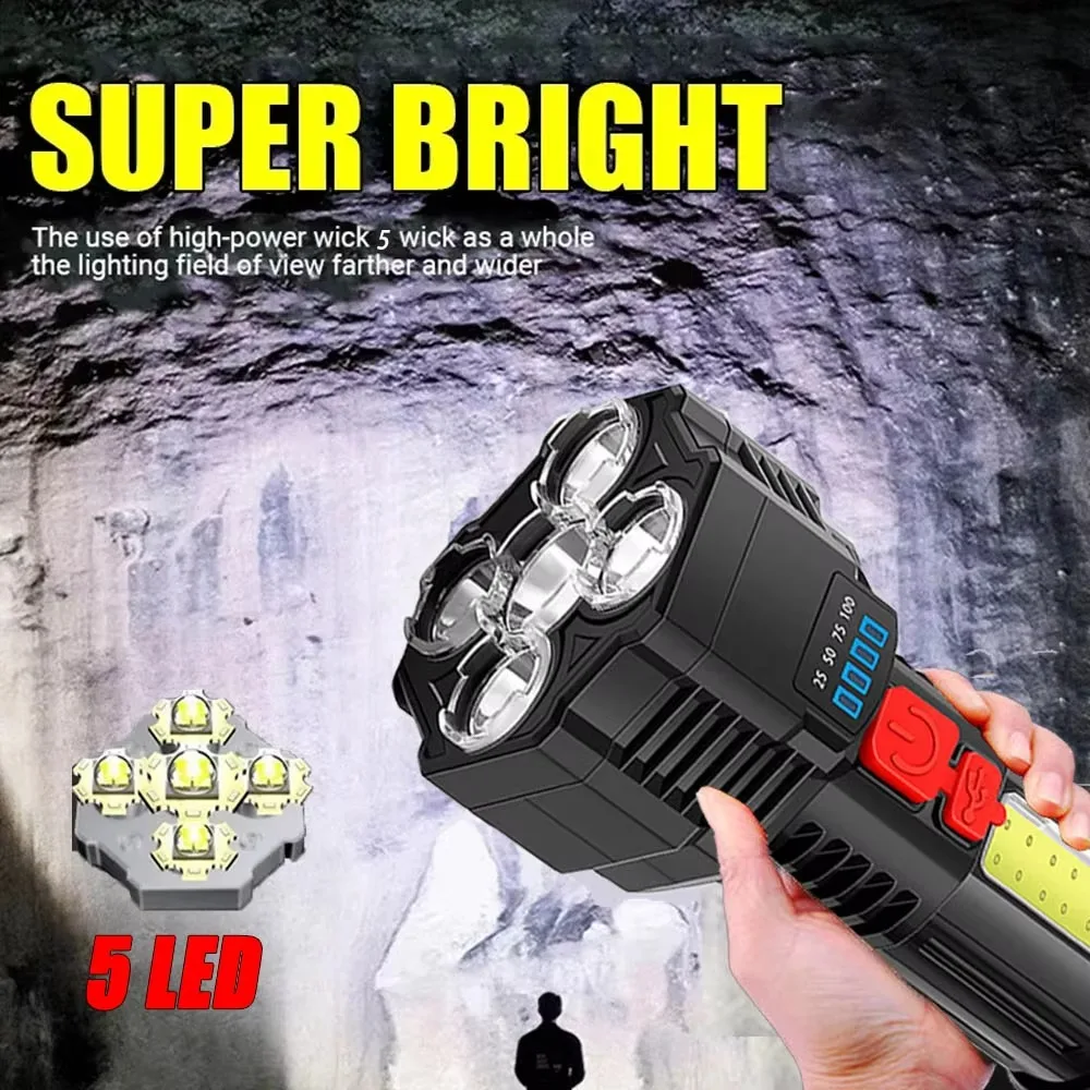 ultra bright LED Flashlight USB Rechargeable Camping Torch Multifunctional Hiking Fishing Portable Hand Lantern COB Side Light