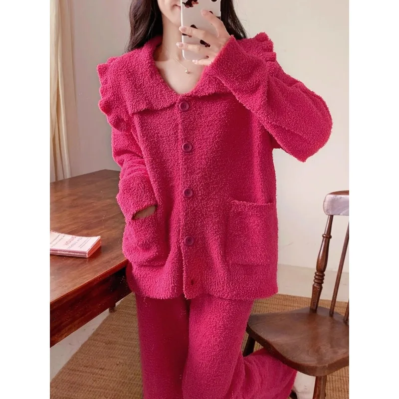 Korean Version Pajama Female Sweet Lovely Princess Rose Red Cardigan Loungewear Spring and Autumn Coral Fleece Long-sleeved Suit