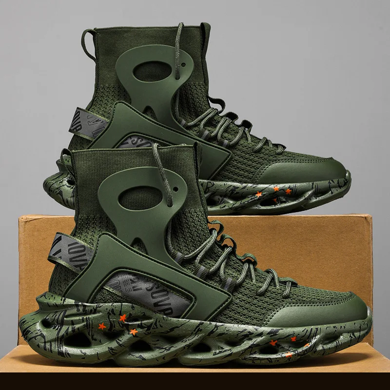 Lightweight Plus Size Men's Shoes High Top Casual Fly Woven Socks Shock-absorbing Walking Boots Trendy Sports Running Shoes 2025