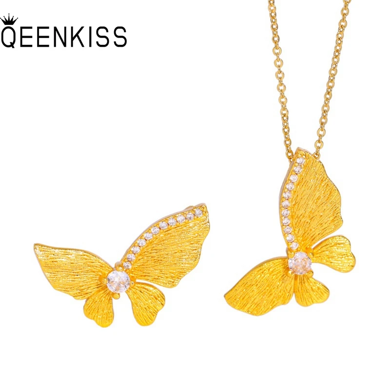 

QEENKISS Gold Butterfly Necklace Pendant+Ring For Women Wedding Party Birthday Christmas Bride Mother Girlfriend Lady Gift JS590