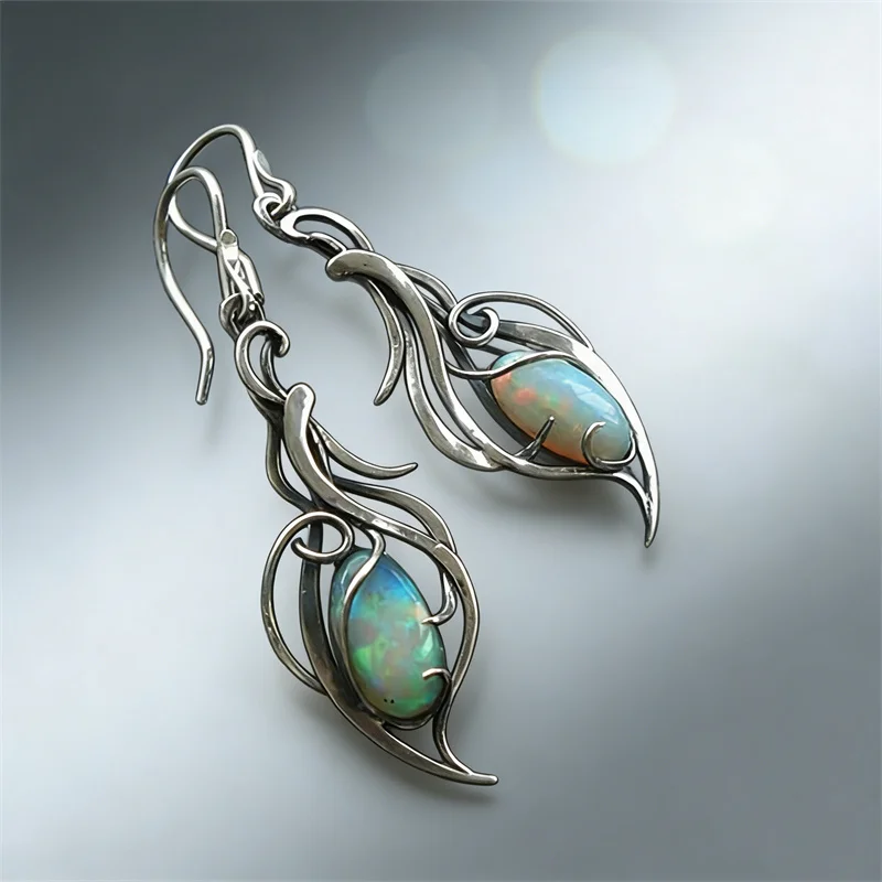 Elegant Oval Flower Green Stone Earrings for Women Silver Color Dangle Earrings Jewelry