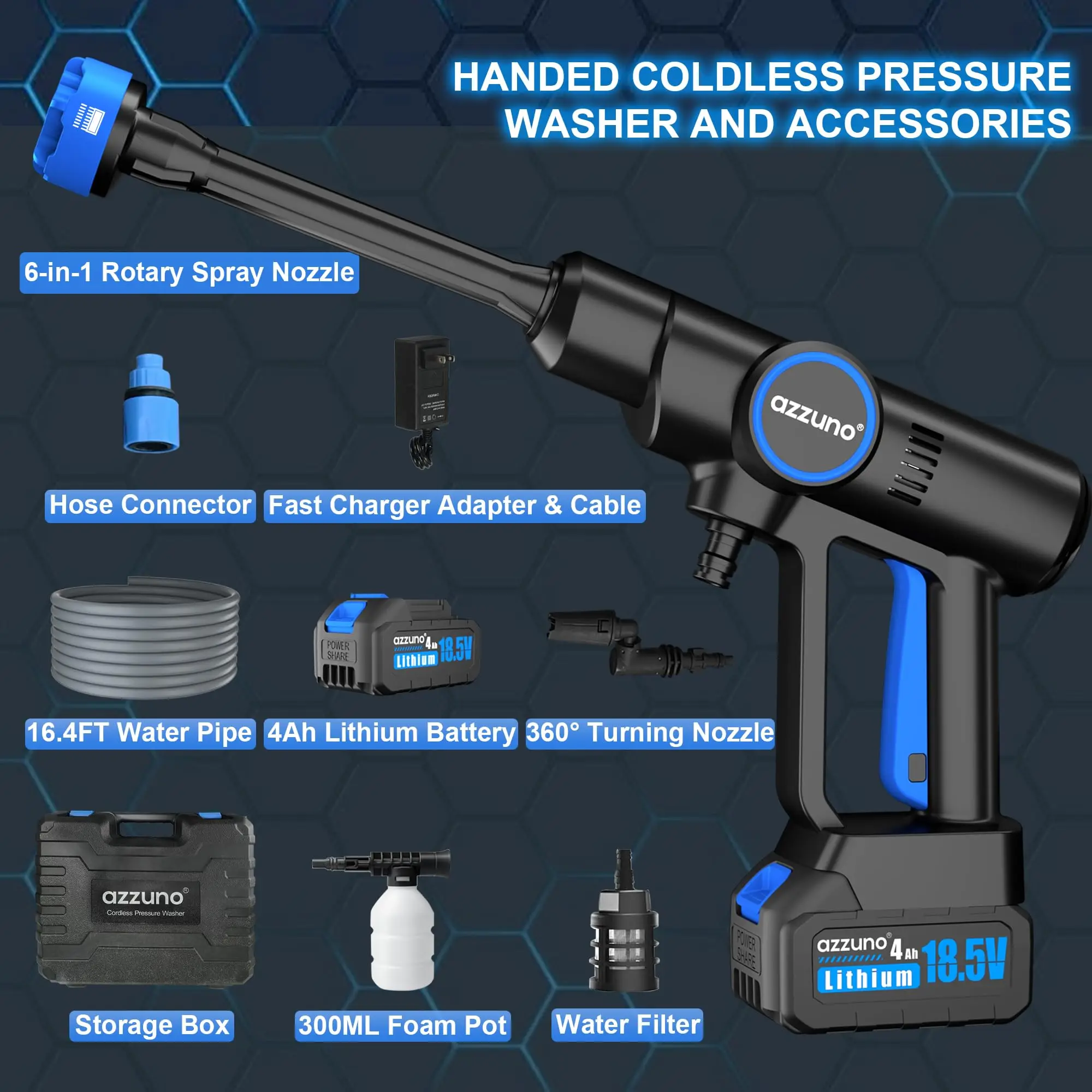 Handheld Coldless Pressure Washer Portable Washer Gift 4000mAh battery*2 Powerful Washer 6-in-1 Nozzle Cleaner For Car,courtyard