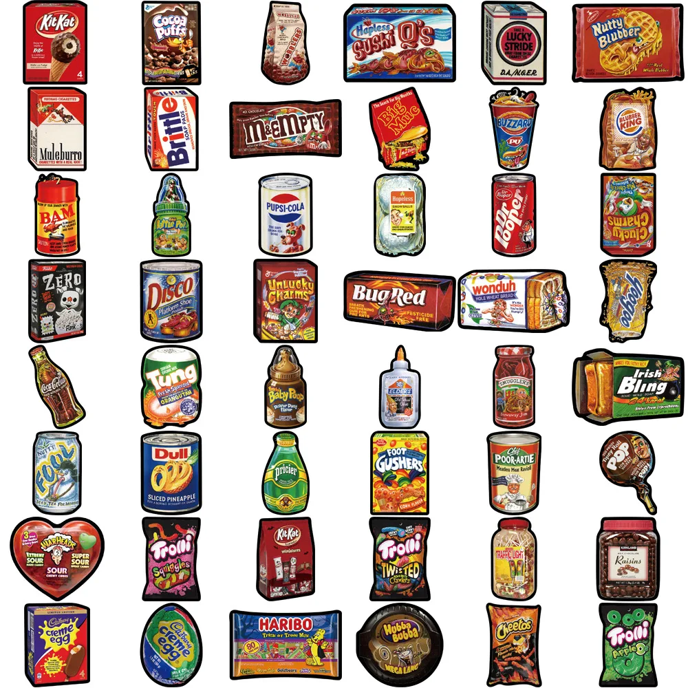 48Pcs Food Drink Milk Packaging Stickers Waterproof Phone Bike Wall Motorcycle Cool Car Waterproof Sticker for Kids Toys