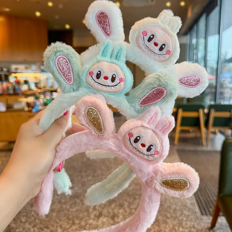 

Labubu bunny monster doll hair bands soft cute girl heart hairball rabbit headband female high skull top hair accessories