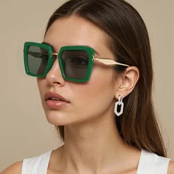 Vintage Sunglasses for Women Green Golden Fashionable Square Glasses High-end Feel Deep Green Lenses for Women Glasses