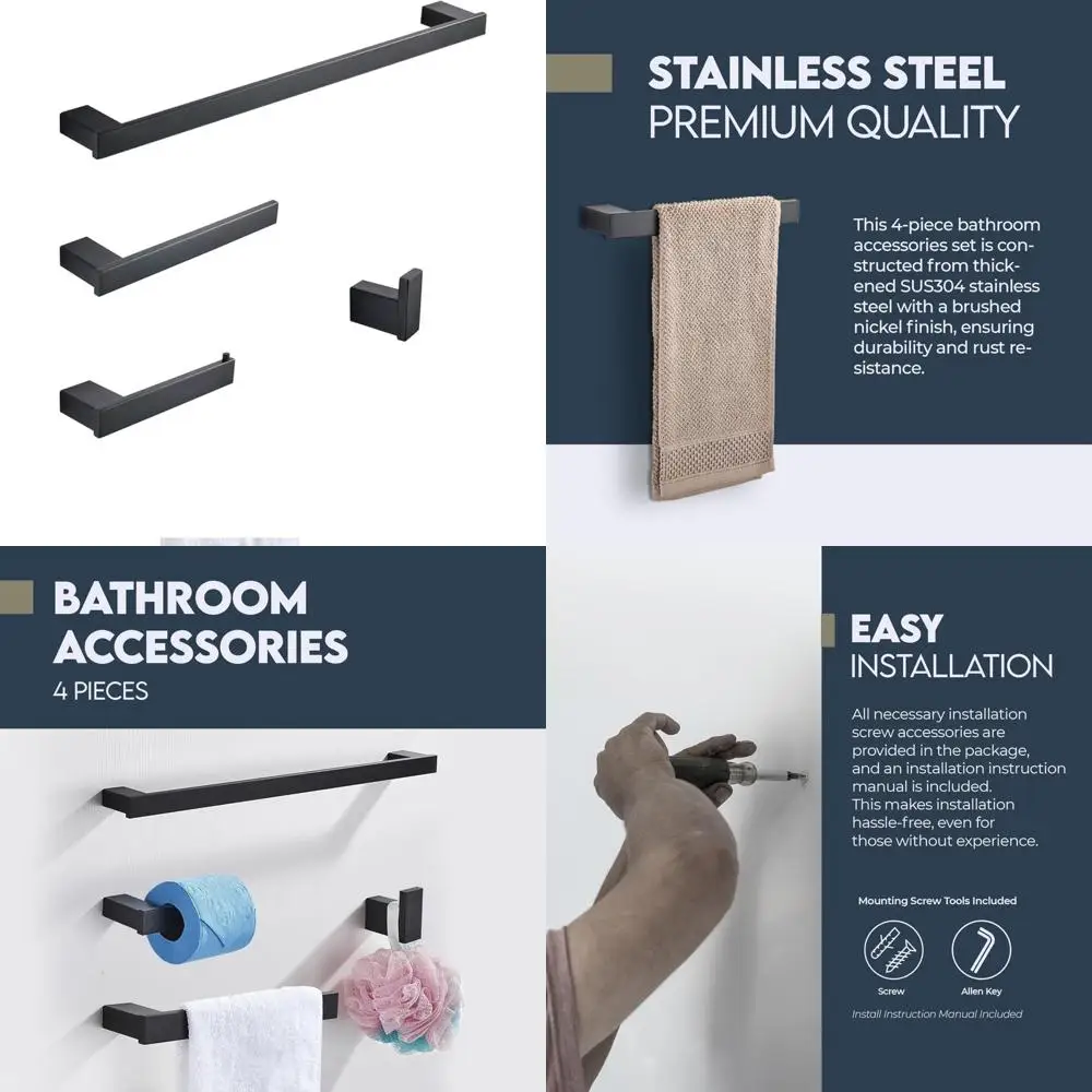 

Stainless Steel Wall Mounted Modern Bathroom Hardware Set - 4 Piece Black Towel Bar Set for Contemporary Bathrooms