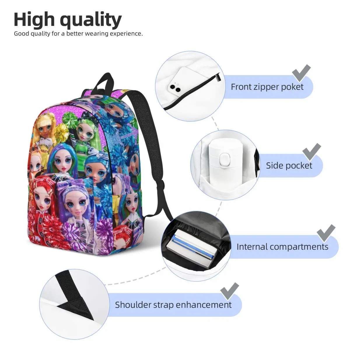 Rainbow High Dolls Backpack for Preschool Kindergarten School Student Bookbag Boy Girl Kids Daypack with Pocket