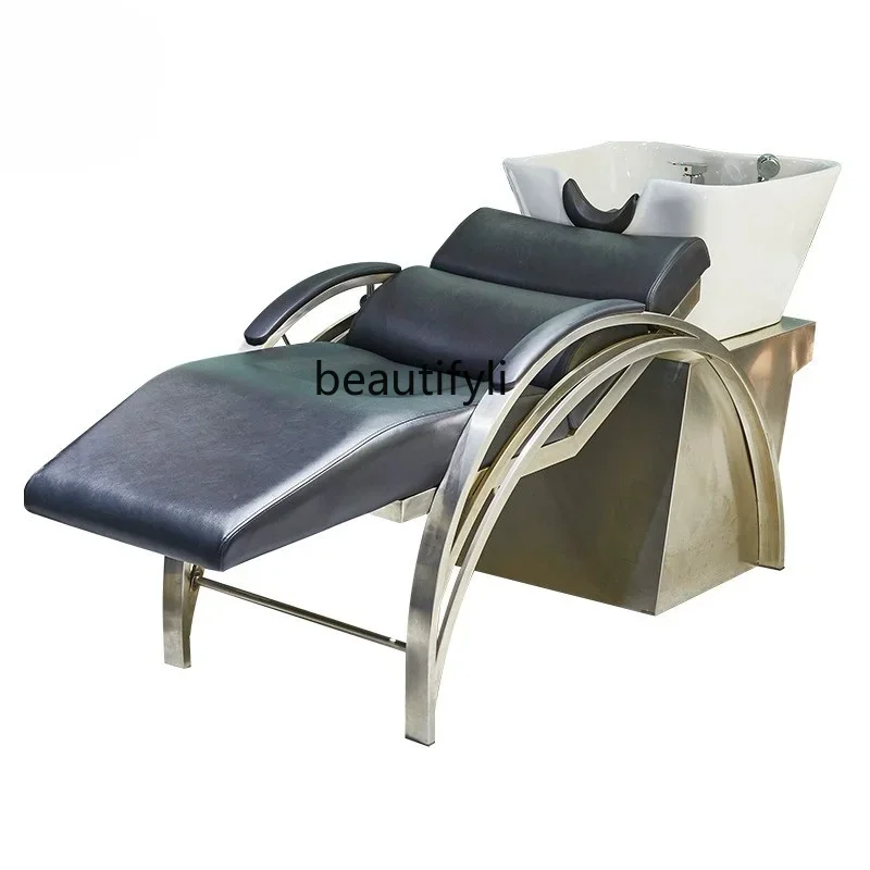 Cama de lavagem de aço inoxidável para cabeleireiro, Bacia cerâmica, Shampoo Chair, Salão, Barbearia