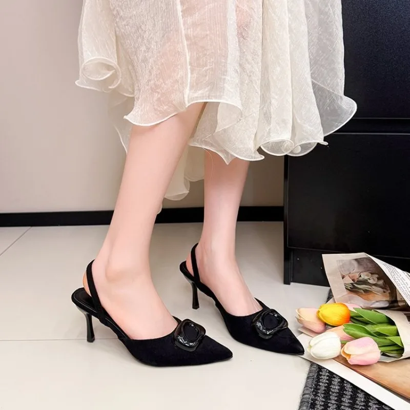 Women's Pumps Pointed Toe Slingback Suede Look Low Kitten Heel Glossy Buckle Accent Dressy Formal Evening Office Party Footwear