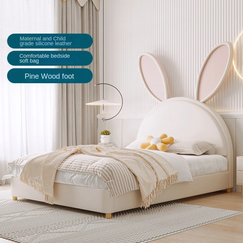 

Winter Bear Nordic Children Girls' Room Princess Bed Solid Wood Single Girl Net Red Rabbit Bed Boy Genuine Leather Soft Pack Bed