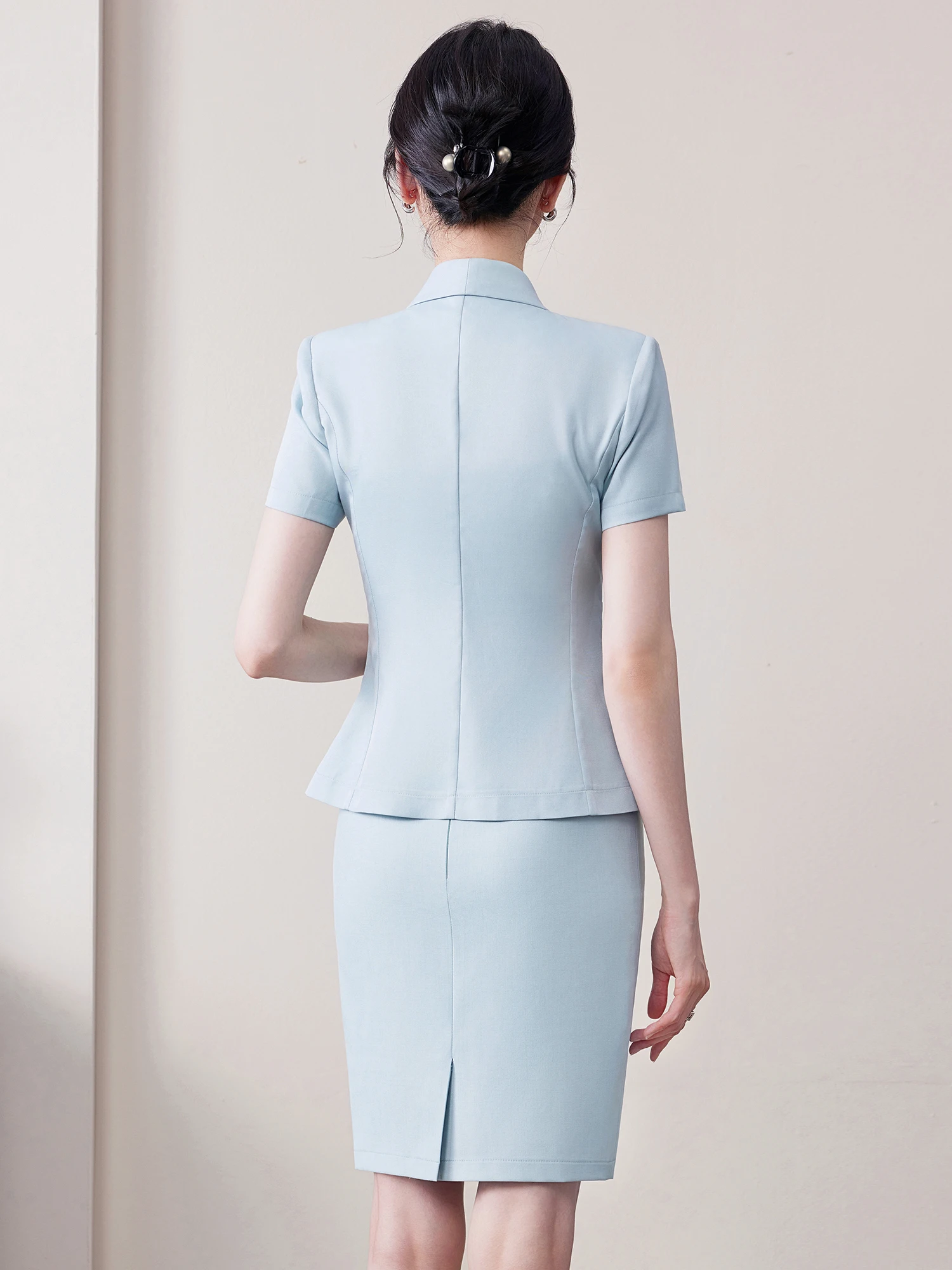 Green Short Sleeve Suit Set Women's Commute Slim Fit Professional Workwear Breathable Polyester Single Button Closure