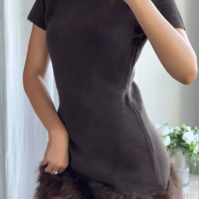 

European and American style artificial fur effect splicing knitted dress