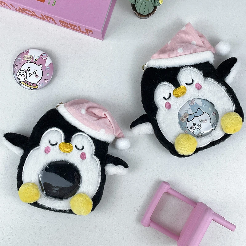 Desenhos animados Animal Sleepcap Penguin Plush Card Set, Chaveiro, Rodada foto titular do cartão, pingente, chaveiro para mulheres, estudantes, exibição de fotos