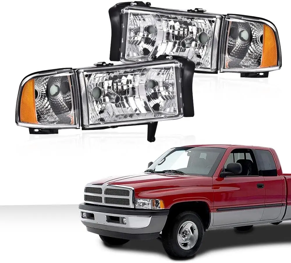 Headlights Lamps Compatible with Dodge Ram 1500 1994-2001/Fit Dodge Ram 2500 3500 1994-2002 Clear lens Chrome Housing Amber Refl