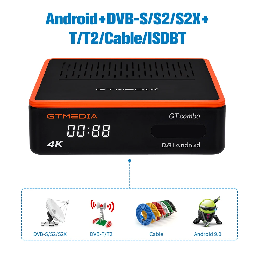 GTMEDIA GT Combo Smart TV Box 4K Utral HD TDT جهاز استقبال الأقمار الصناعية Android 9 + DVB-S/S2/S2X، DVB-T/T2، DVB-C، CCAM/M3U لمستودع الاتحاد الأوروبي