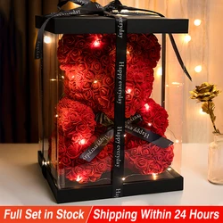 Wedding Decoration Rose Bear Artificial Flower With Box and Light Rose Teddy Bear For Women Valentines Girlfriend Birthday Gifts