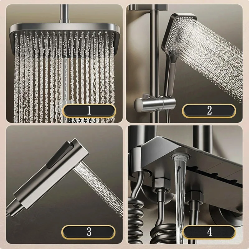 Piano Keys Shower System Set Bathroom Shower Set Gray Black Bathtub Hot and Cold Shower Faucet LED Digital Copper Tap Shower Set