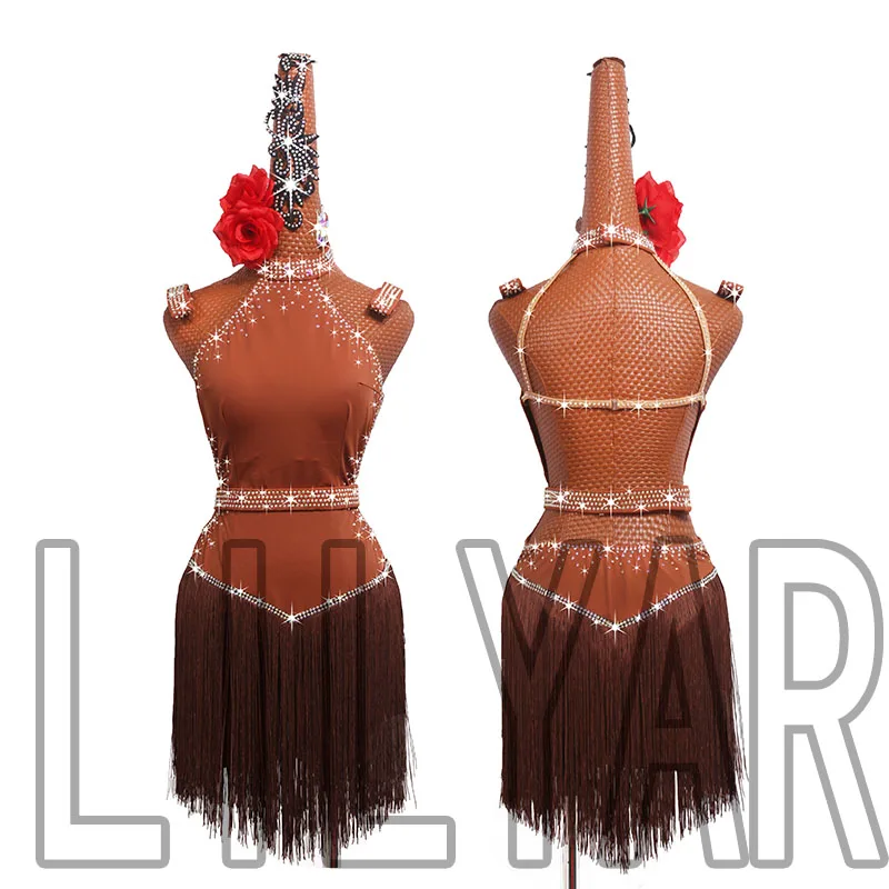 LILYAR Latin Dance Dress Professional Competition Dress Adult Women's Dynamic Fringe Dress Brown Sparkling Diamond Customized